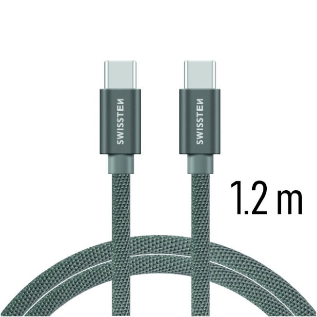 E-shop Dátový kábel Swissten textilný s USB-C konektormi a podporou rýchlonabíjania, sivý 71527202