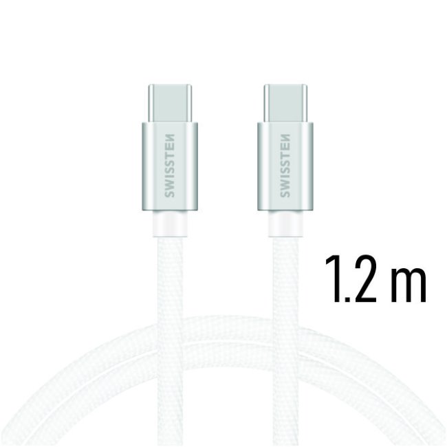 Dátový kábel Swissten textilný s USB-C konektormi a podporou rýchlonabíjania, strieborný