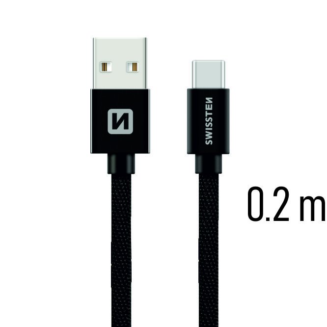 Dátový kábel Swissten textilný s USB-C konektorom a podporou rýchlonabíjania, čierny 71521101