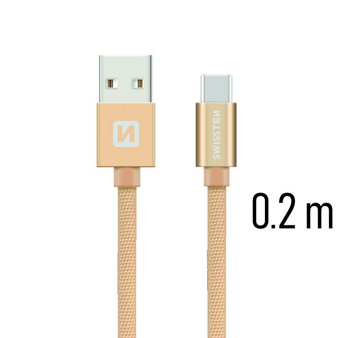 Dátový kábel Swissten textilný s USB-C konektorom a podporou rýchlonabíjania, zlatý