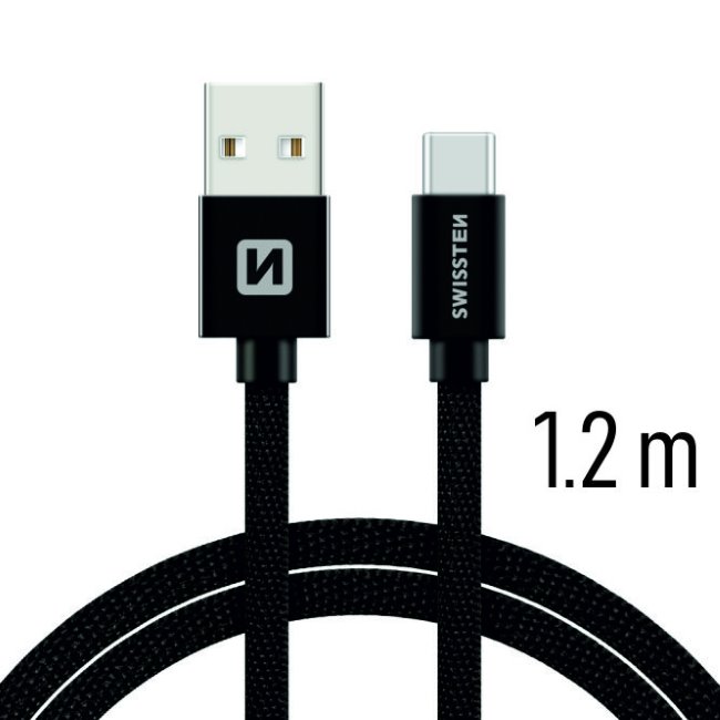Dátový kábel Swissten textilný s USB-C konektorom a podporou rýchlonabíjania, Black Dátový kábel Swissten textilný s USB-C konektorom a podporou rýchlonabíjania, Black