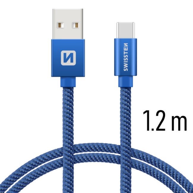 E-shop Dátový kábel Swissten textilný s USB-C konektorom a podporou rýchlonabíjania, modrý 71521208