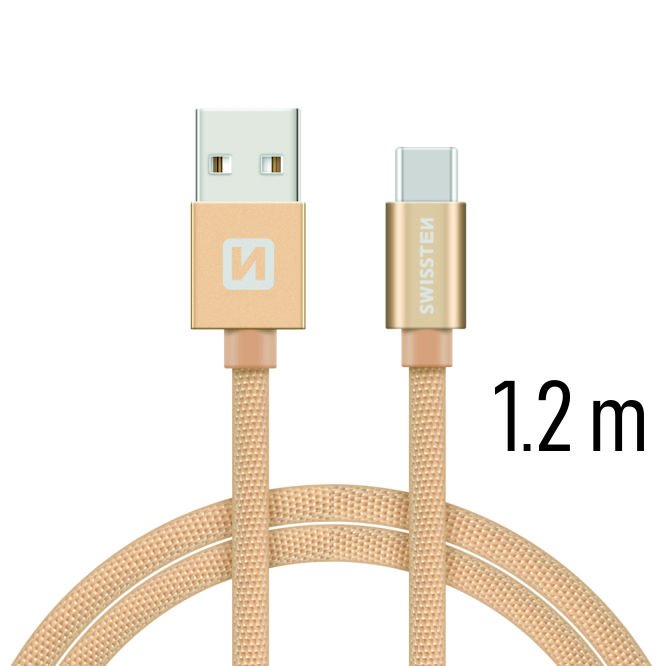 E-shop Dátový kábel Swissten textilný s USB-C konektorom a podporou rýchlonabíjania, zlatý 71521204