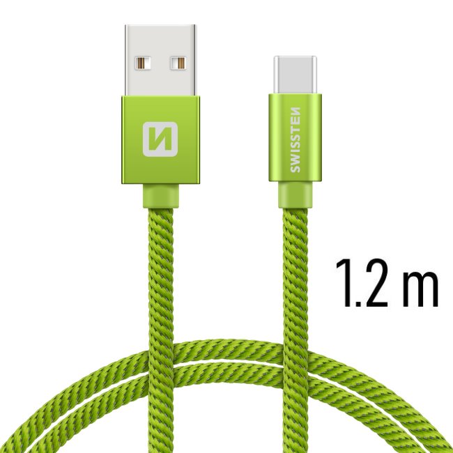 Dátový kábel Swissten textilný s USB-C konektorom a podporou rýchlonabíjania, Green 71521207