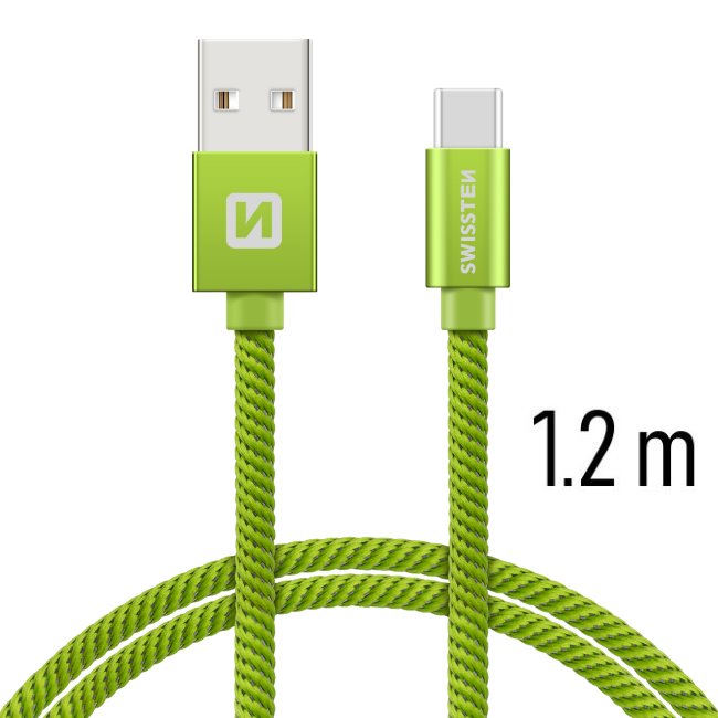 E-shop Dátový kábel Swissten textilný s USB-C konektorom a podporou rýchlonabíjania, zelený 71521207