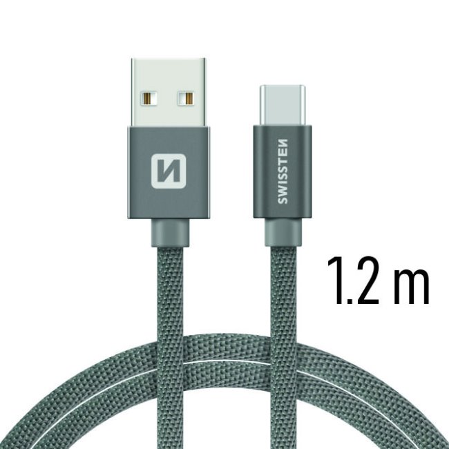 Dátový kábel Swissten textilný s USB-C konektorom a podporou rýchlonabíjania, Grey 71521202