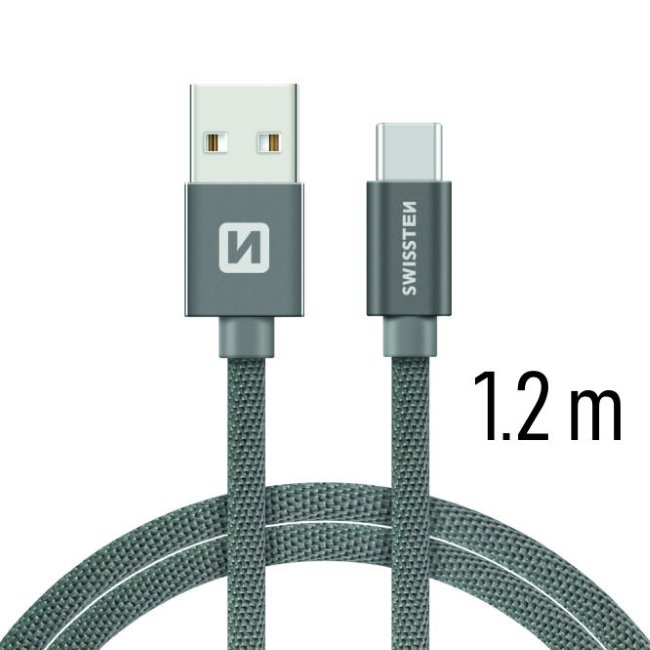 Dátový kábel Swissten textilný s USB-C konektorom a podporou rýchlonabíjania, Grey Dátový kábel Swissten textilný s USB-C konektorom a podporou rýchlonabíjania, Grey