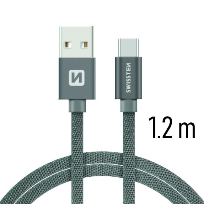 Dátový kábel Swissten textilný s USB-C konektorom a podporou rýchlonabíjania, sivý