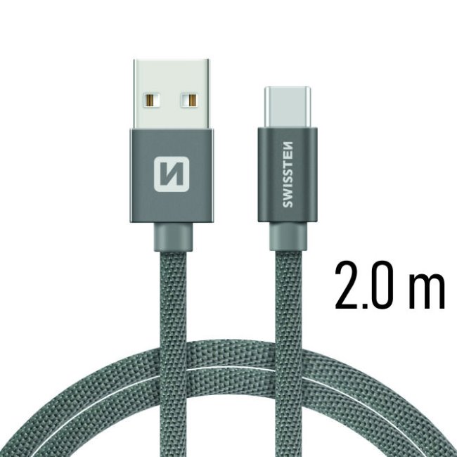 Dátový kábel Swissten textilný s USB-C konektorom a podporou rýchlonabíjania, sivý