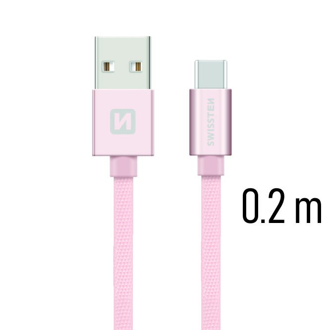 Dátový kábel Swissten textilný s USB-C konektorom a podporou rýchlonabíjania, Rose Gold 71521105