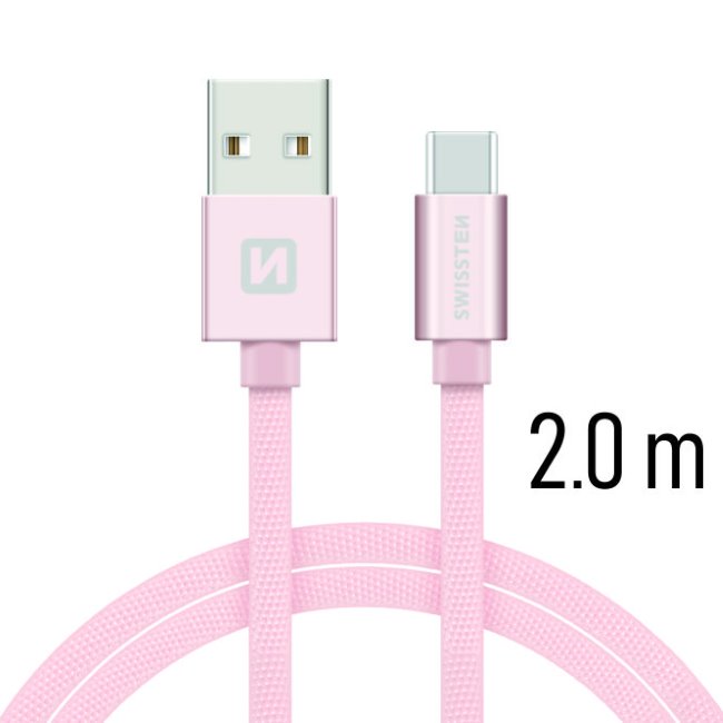 Dátový kábel Swissten textilný s USB-C konektorom a podporou rýchlonabíjania, Rose Gold 71521305