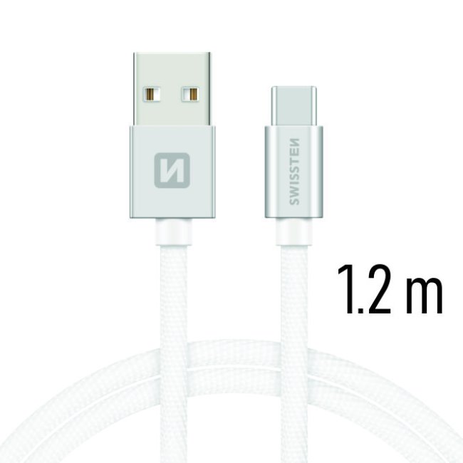 E-shop Dátový kábel Swissten textilný s USB-C konektorom a podporou rýchlonabíjania, strieborný 71521203