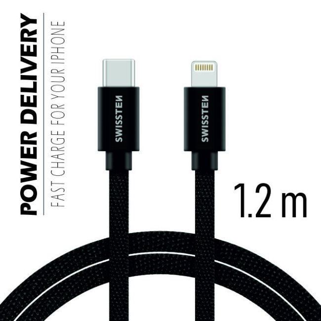 Dátový kábel Swissten textilný s USB-C + Lightning konektormi a podporou rýchlonabíjania, Black 71525201