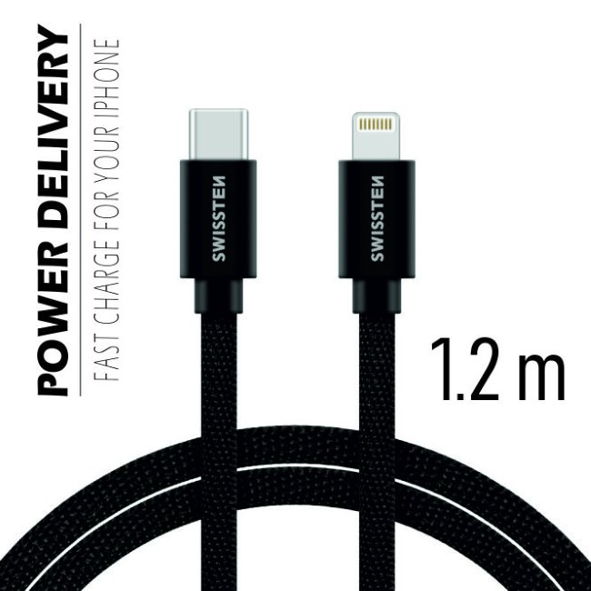 E-shop Dátový kábel Swissten textilný s USB-C, Lightning konektormi a podporou rýchlonabíjania, čierny 71525201