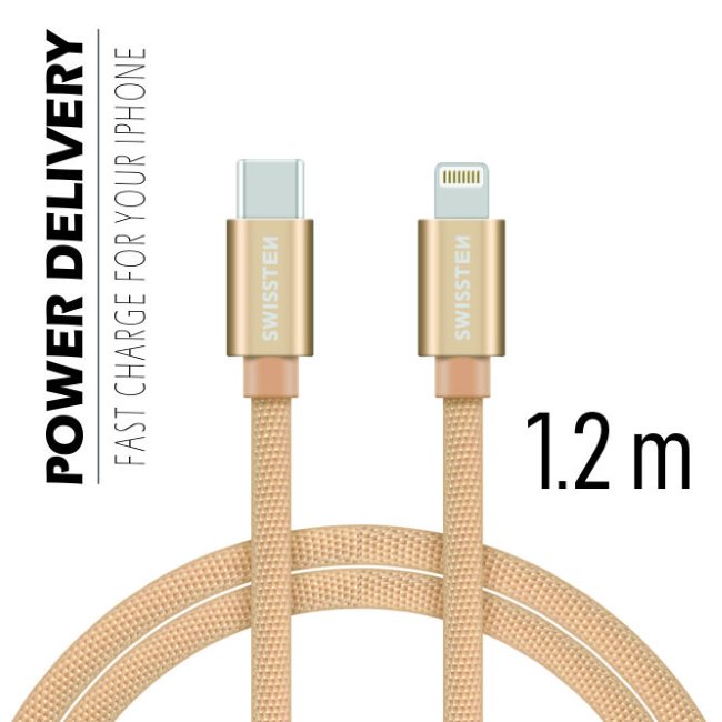 Dátový kábel Swissten textilný s USB-C, Lightning konektormi a podporou rýchlonabíjania, zlatý