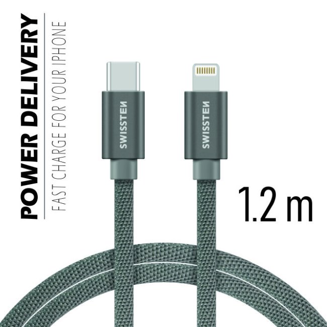 Dátový kábel Swissten textilný s USB-C + Lightning konektormi a podporou rýchlonabíjania, Grey 71525202