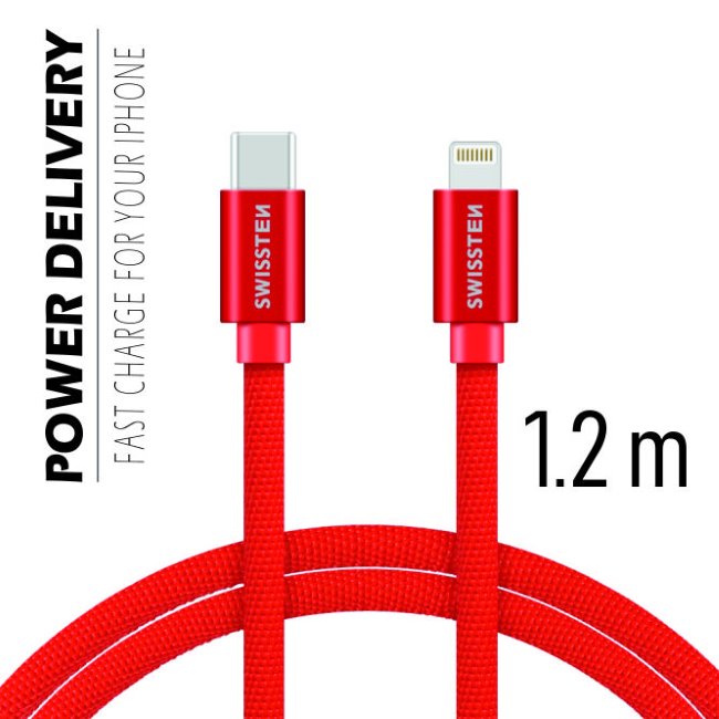 Dátový kábel Swissten textilný s USB-C + Lightning konektormi a podporou rýchlonabíjania, Red 71525206