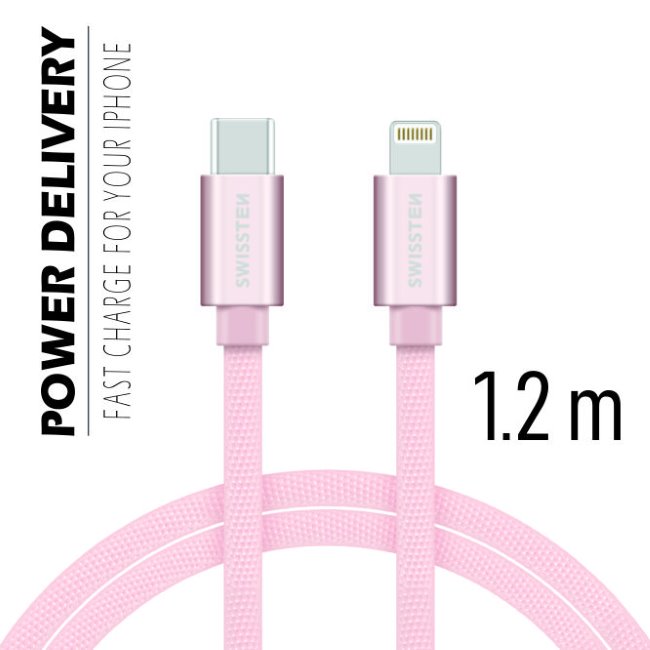 Dátový kábel Swissten textilný s USB-C + Lightning konektormi a podporou rýchlonabíjania, Rose Gold 71525205