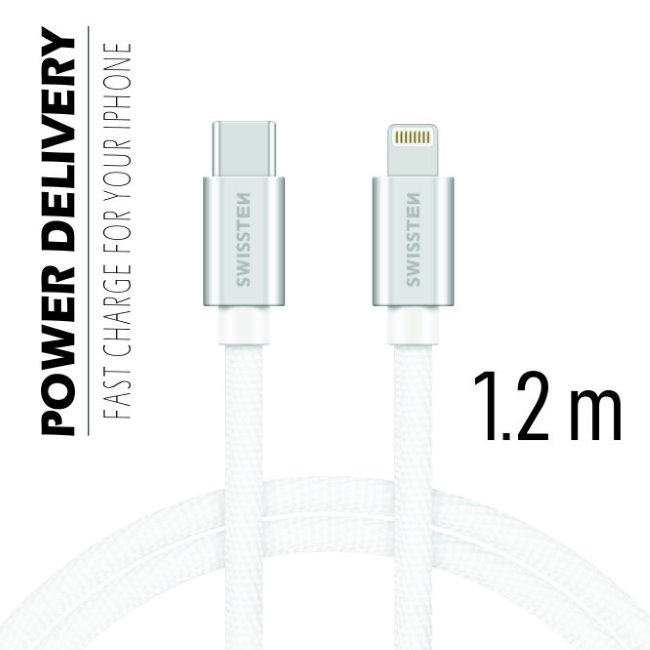 Dátový kábel Swissten textilný s USB-C, Lightning konektormi a podporou rýchlonabíjania, strieborný