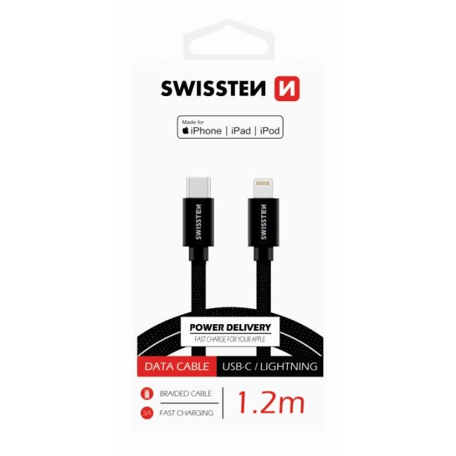 Dátový kábel Swissten textilný USB-C  Lightning MFi 1,2 M a s podporou rýchlonabíjania, čierny 71526201