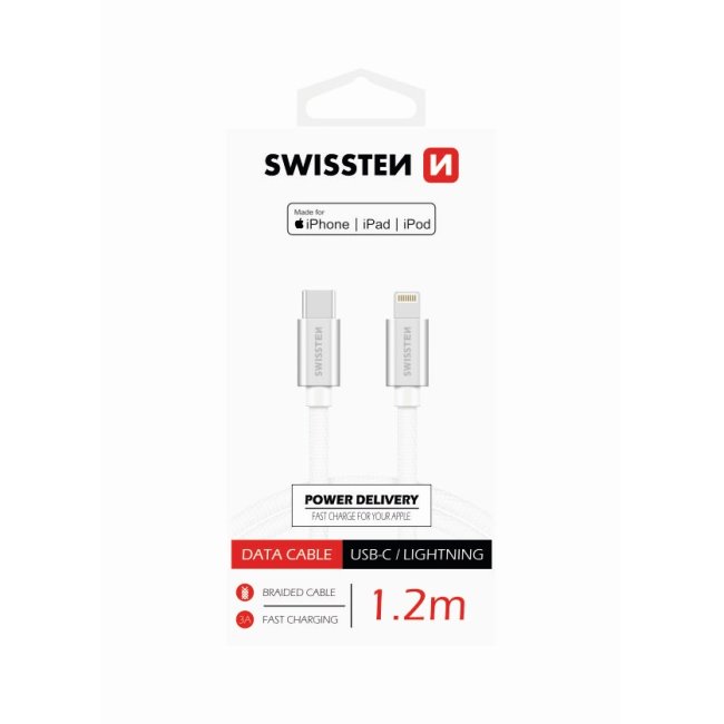 Dátový kábel Swissten textilný USB-C / Lightning MFi 1,2 M a s podporou rýchlonabíjania, strieborný