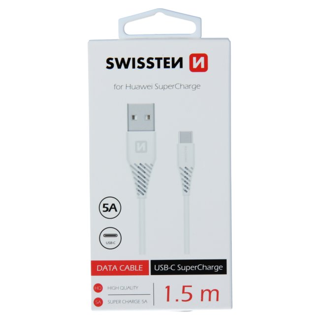 Dátový kábel Swissten USB  USB-C 1,5 M a s podporou super rýchlonabíjania 5A, biely 71504431
