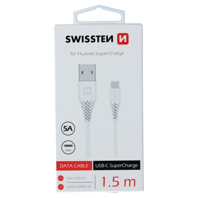 Dátový kábel Swissten USB / USB-C 1,5 M a s podporou super rýchlonabíjania 5A, biely 71504431