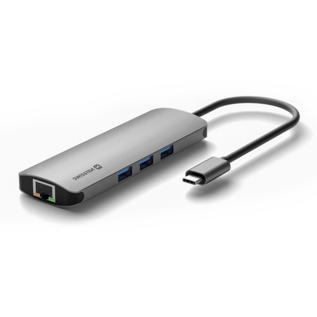 Hliníkový USB-C HUB Swissten 8 v 1, USB-C PD, HDMI, LAN, 3 x USB 3.0, SD, MicroSD