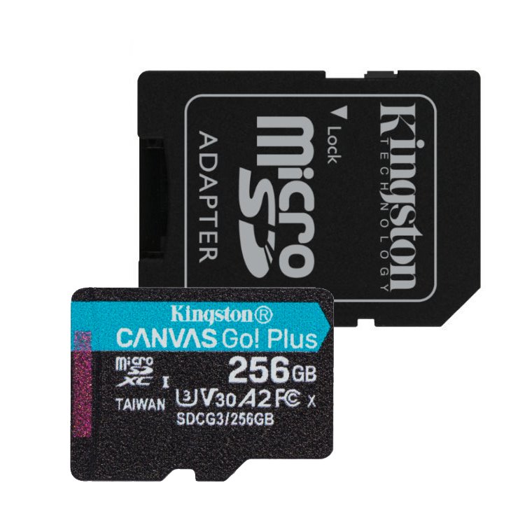 Kingston Canvas Go Plus Micro SDXC 256GB + SD adaptér, UHS-I U3 A2, Class 10 - rýchlosť 17090 MBs) SDCG3256GB
