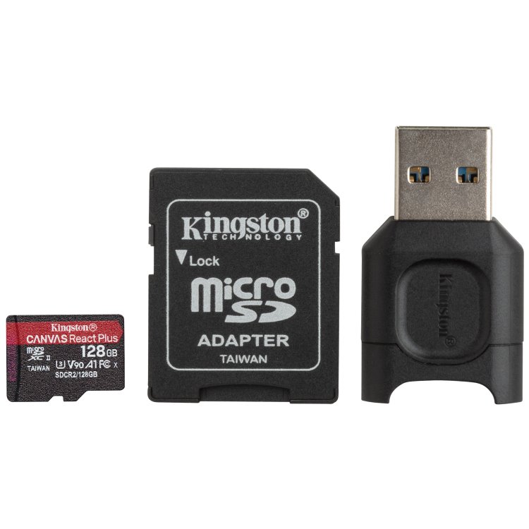 Kingston Canvas React Plus Micro SDXC 128GB + čítačka + SD adaptér, UHS-II U3 A1 - rýchlosť 285165 MBs MLPMR2128GB