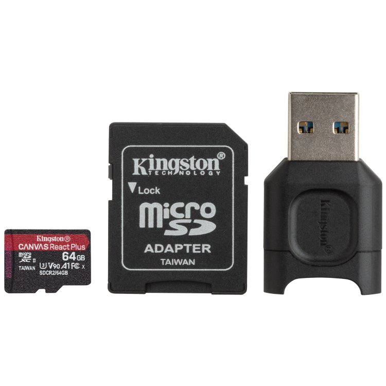Kingston Canvas React Plus Micro SDXC 64GB + čítačka + SD adaptér, UHS-II U3 A1 - rýchlosť 285165 MBs MLPMR264GB