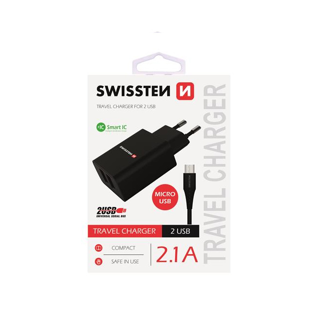 Nabíjačka Swissten Smart IC 2.1A s 2 USB konektormi a dátovým káblom USB/Micro USB, 1,2m, čierna 22052000