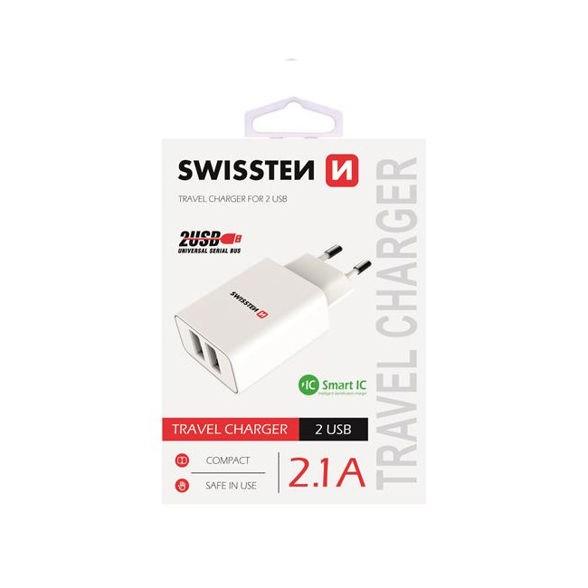 Nabíjačka Swissten Smart IC 2.1A s 2 USB konektormi, biela