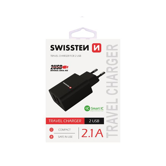 Nabíjačka Swissten Smart IC 2.1A s 2 USB konektormi, čierna 22033000