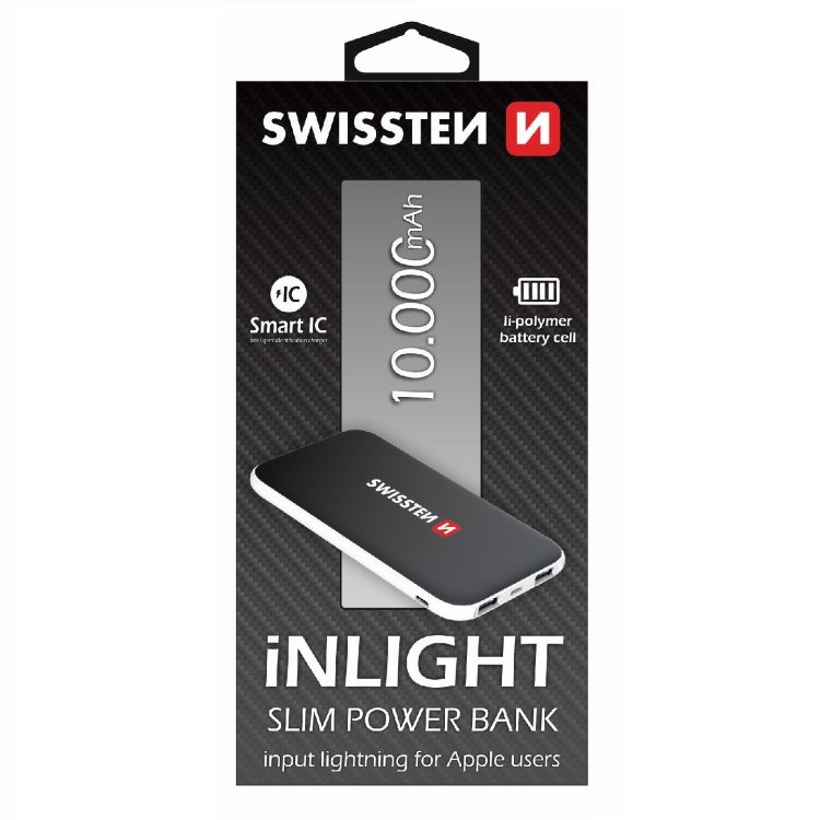 Powerbanka Swissten Slim 10000 mAh s lightning vstupom pre nabíjanie, čierna