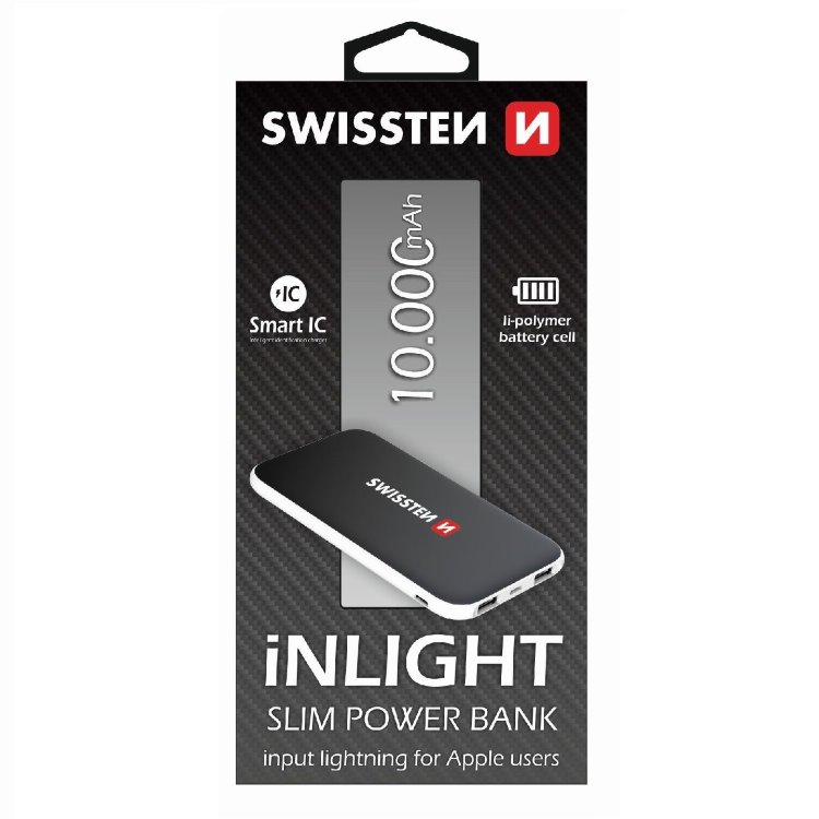 Powerbank Swissten Slim 10000 mAh s lightning vstupom pre nabíjanie, čierny Powerbank Swissten Slim 10000 mAh s lightning vstupom pre nabíjanie, čierny