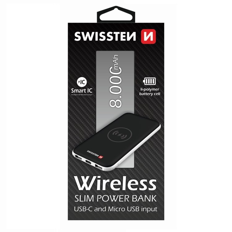 Powerbanka Swissten Slim 8000 mAh s bezdrôtovým nabíjaním a USB-C vstupom, čierna