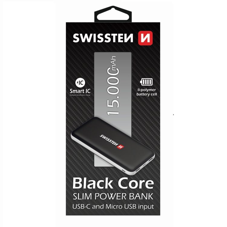 Powerbanka Swissten Slim čierna Core 15000 mAh s USB-C vstupom a inteligentným nabíjaním, čierna