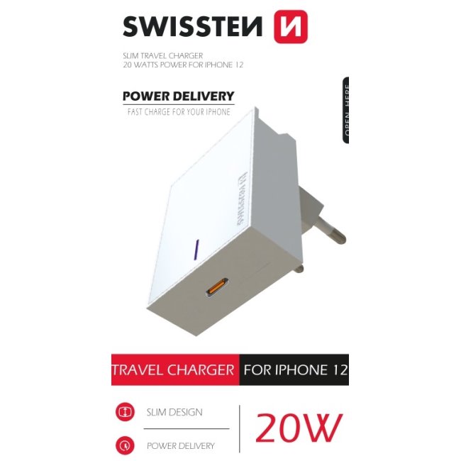 Rýchlonabíjačka Swissten Power Delivery 20W s 1x USB-C pre iPhone 12, biela