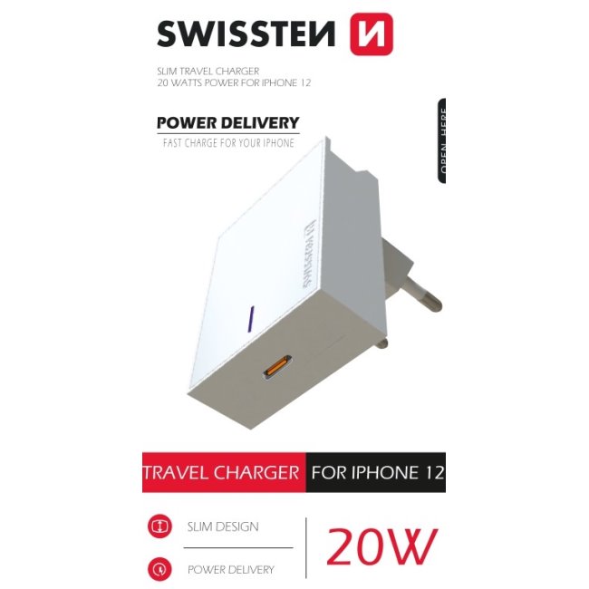 E-shop Rýchlonabíjačka Swissten Power Delivery 20 W s 1x USB-C pre iPhone 12, biela 22050600