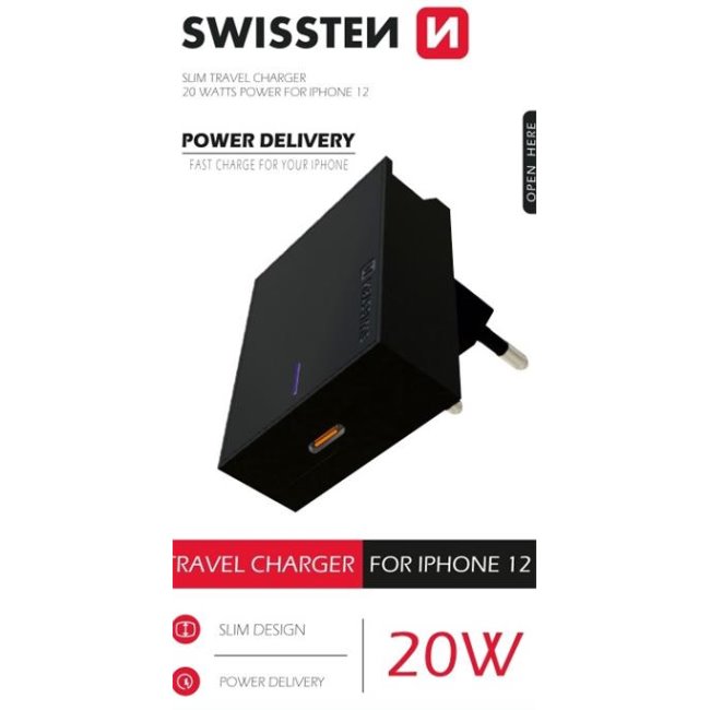 E-shop Rýchlonabíjačka Swissten Power Delivery 20 W s 1x USB-C pre iPhone 12, čierna 22050500