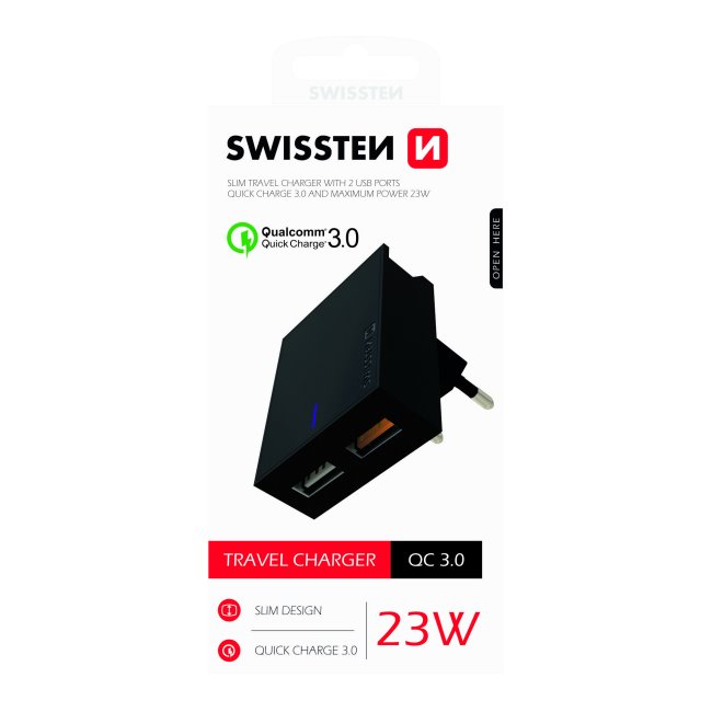 Rýchlonabíjačka Swissten Qualcomm Charger 3.0 s 2 USB konektormi, 23 W, čierna