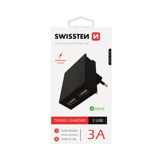 Rýchlonabíjačka Swissten Smart IC 3.A s 2 USB konektormi, čierna
