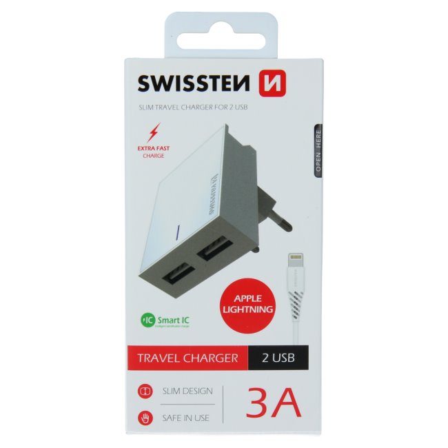 Rýchlonabíjačka Swissten Smart IC 3.A s 2 USB konektormi + dátový kábel USB / Lightning 1,2 m, biela