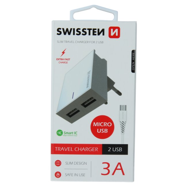 Rýchlonabíjačka Swissten Smart IC 3.A s 2 USB konektormi a dátový kábel USB / Micro USB 1,2 m, biela