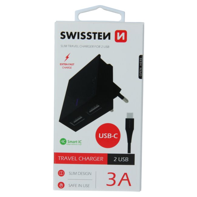 Rýchlonabíjačka Swissten Smart IC 3.A s 2 USB konektormi a dátový kábel USB  USB-C 1,2 m, čierna 22044000