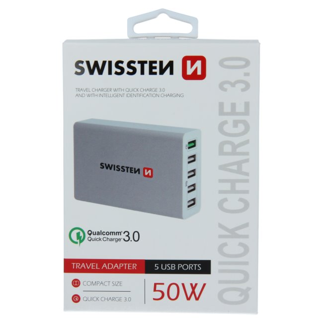 Rýchlonabíjačka Swissten Smart IC 50 W s podporou QuickCharge 3.0 a 5 USB konektormi, biela