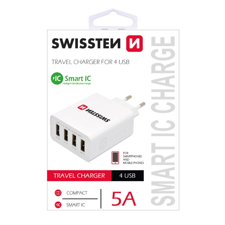 Rýchlonabíjačka Swissten Smart IC 5A so 4 USB konektormi, biela Rýchlonabíjačka Swissten Smart IC 5A so 4 USB konektormi, biela