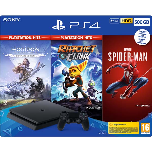 Sony PlayStation 4 Slim 500GB, jet black + Horizon: Zero Dawn (Complete Edition) + Ratchet & Clank + Spider-Man CZ