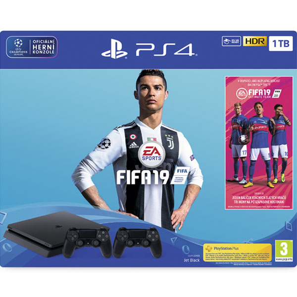 Sony PlayStation 4 Slim 1TB, jet black + FIFA 19 CZ + DualShock 4 Wireless Controller v2, jet black